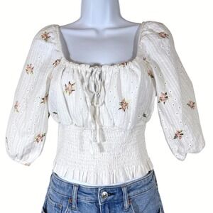 White Eyelet Floral Cropped Top Junior XL Smocked Coquette Festival Cottage Boho